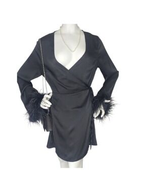 NWT Glamorous Black Satin Feather Wrap Mini Dress Medium | Night Out Luxe